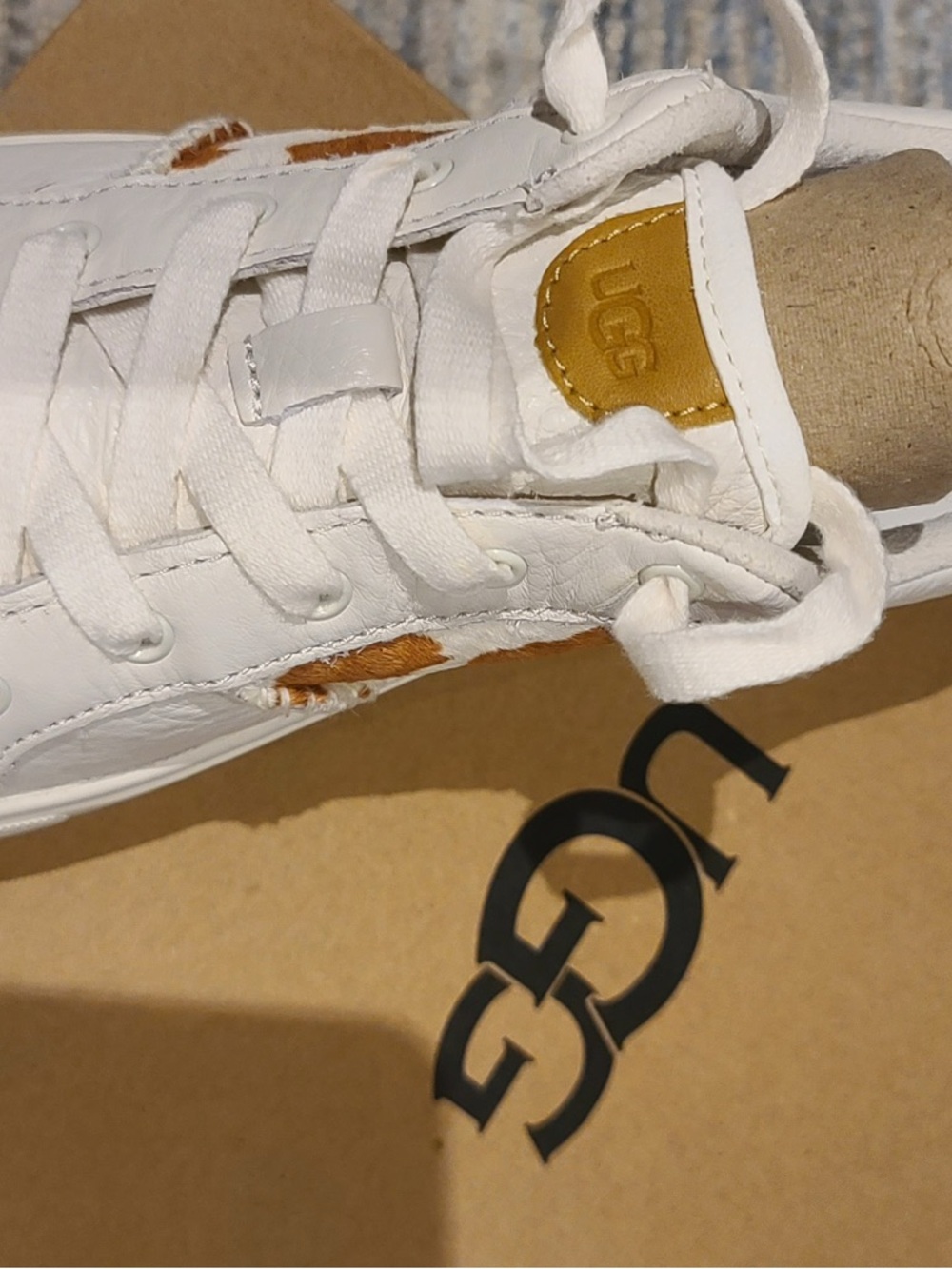 UGG White Leather Sneakers with Tan Cowhide Panels - Picture 3 of 6